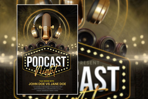Black Gold Podcast Night Poster Template – Elevate Your Event Promotion
